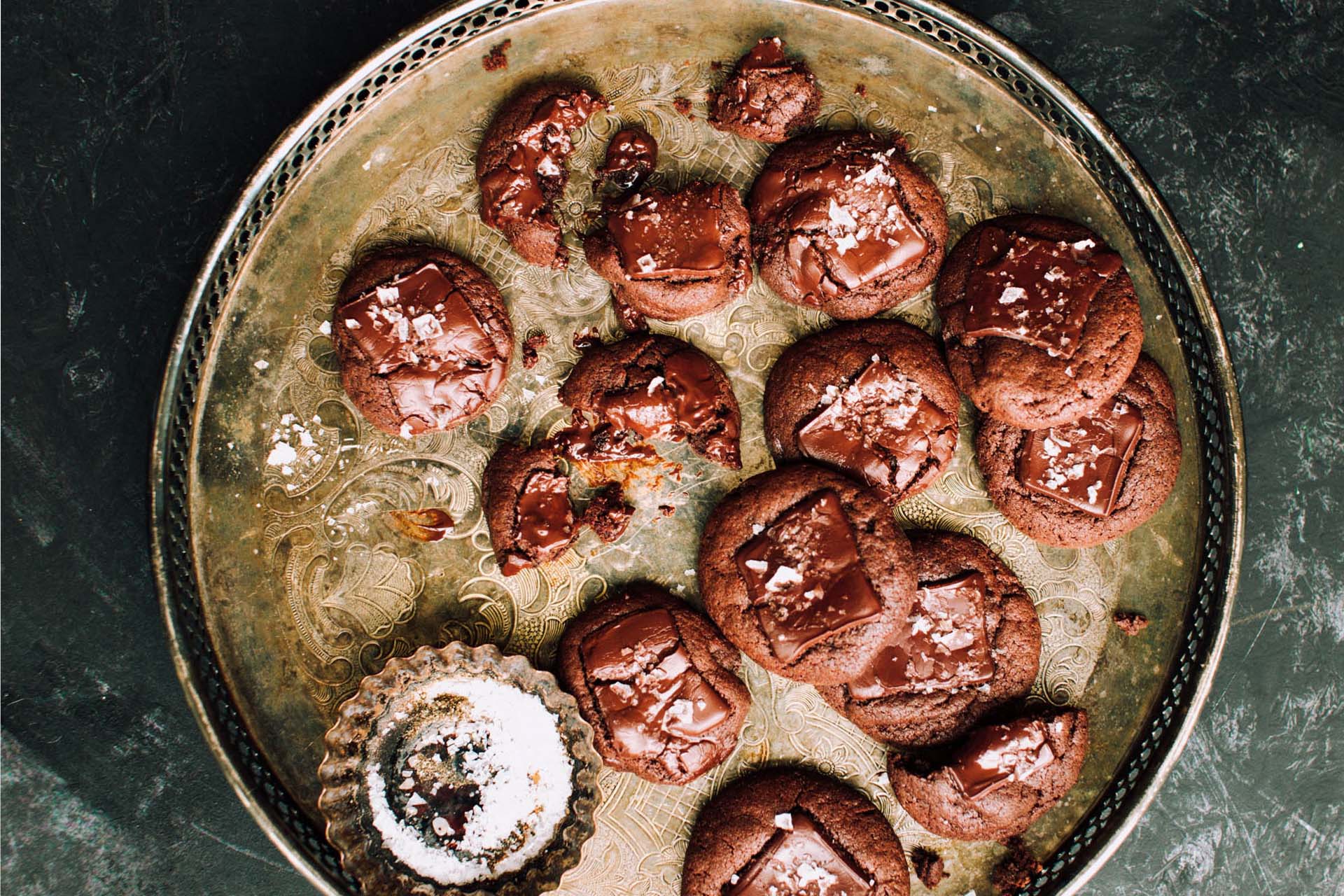 Chocolate fudge cookies topped with flaky sea salt.