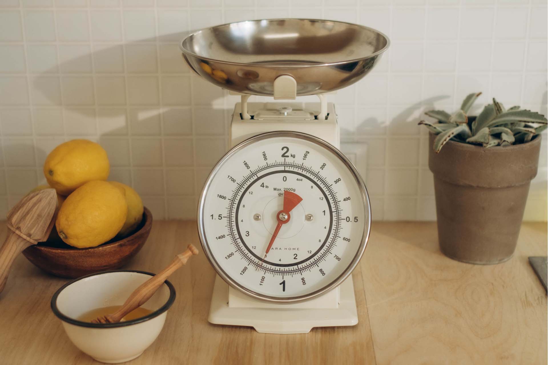 kitchen scale sitting on a kitchen counter